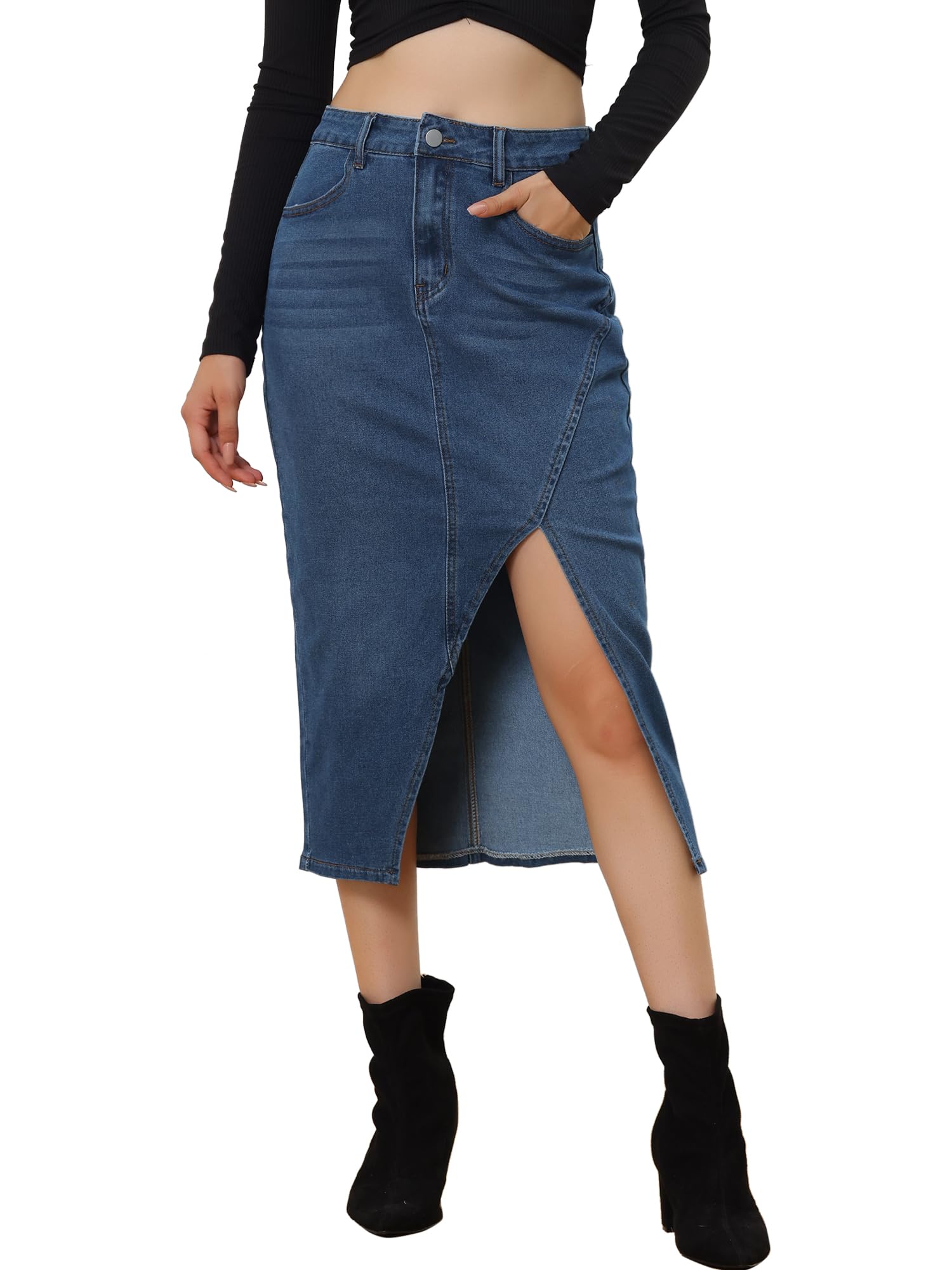

Allegra K Women s Casual Denim High-Waisted Knee-Length Jeans Skirt with Front Slit, Blue, Size XL