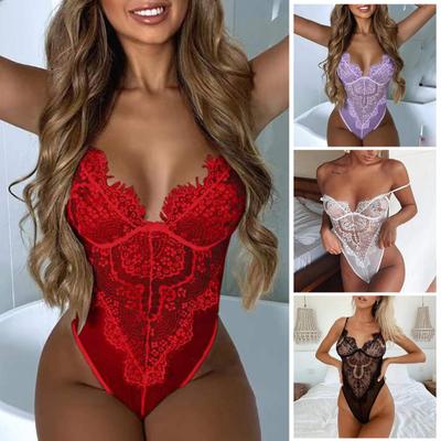 Body de camisola com costura de renda vazada alças ajustáveis ​​macacões com decote em V profundo roupa de dormir sem almofadas transparente feminino body sexy para festa temática