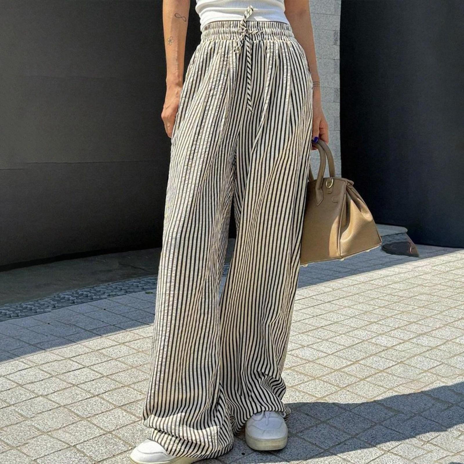 

Women s Striped Casual Straight-Leg High-Waisted Loose Trousers M чёрный
