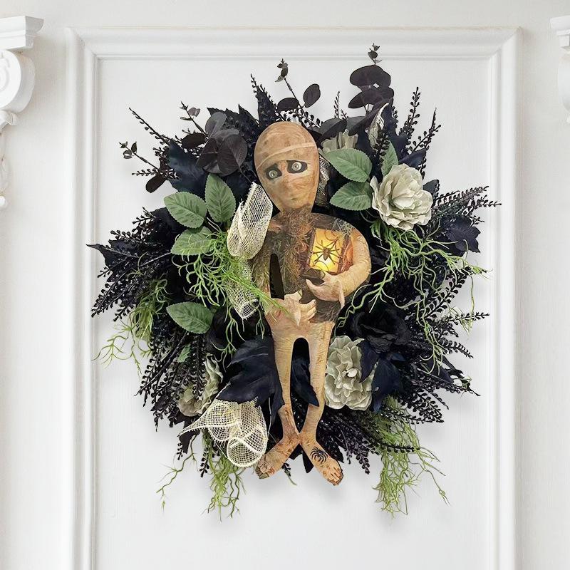 2023 New Halloween Mummy Wreath Countryside Door Hanger Wall Hanging Decor Window Decoration Simulation Garland