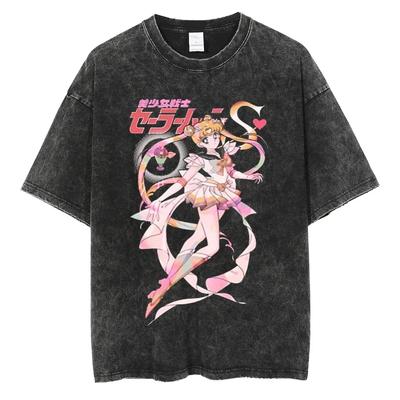 Sailor Moon Anime Printed Washed T-Shirt Four Seasons Retro Cotton Women's Street Clothing Top Comfortable