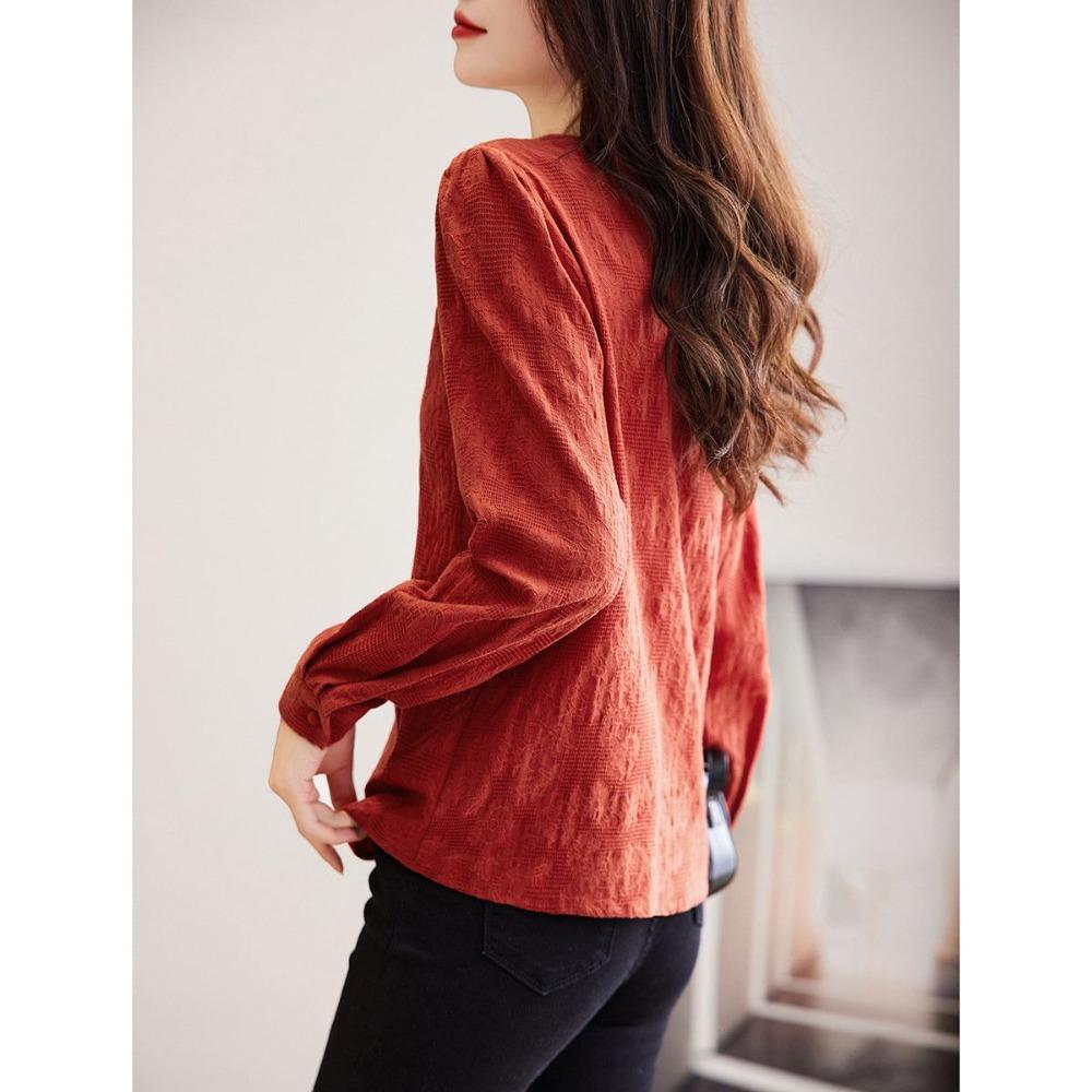 Elegante Blusa Primaverile Donna Retro Scollo a V Manica Lunga Legatura in Vita Rosso Cinese Camicia Sottile