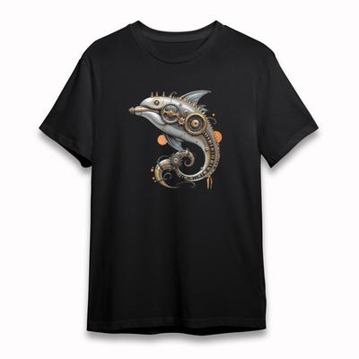 Damen Oversize Weiches T-Shirt Steampunk Delfin mit Stachelkopf Metallische Flossen