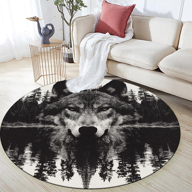Grey Wolf pattern round rug,Carpet Rug for Living Room Bedroom Playroom ,Non-slip Floor Mat,Holiday Gifts and Birthday Gifts.