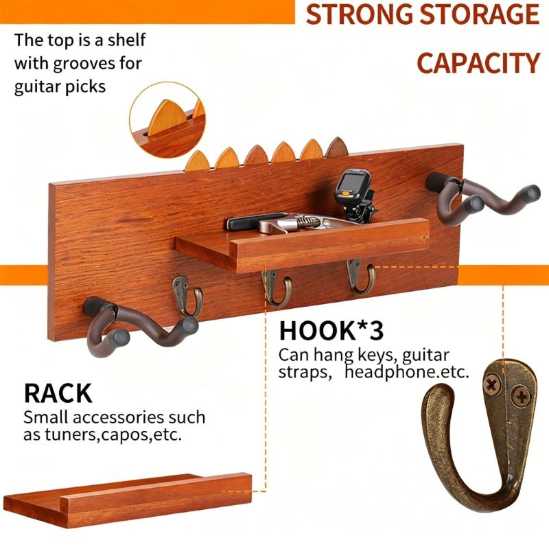 Black Guitar Wall Hook Handcrafted Wood Texture Musical Instrument Hanger Suitable for Music Rooms and Decorating