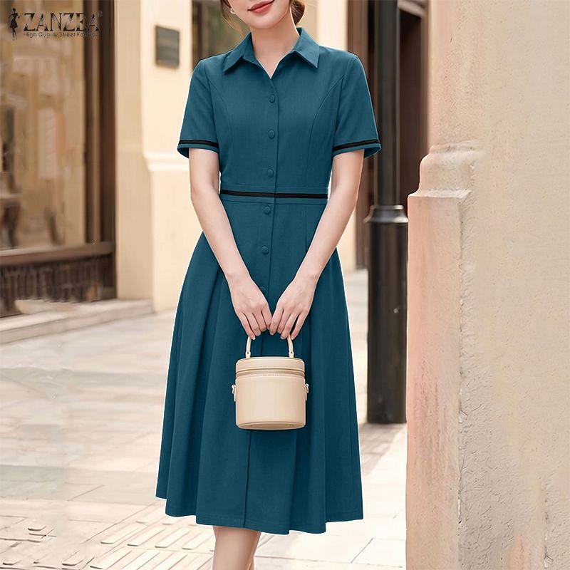 ZANZEA Women Casual Turn Down Collar Solid Color Short Sleeve Elegant Dress