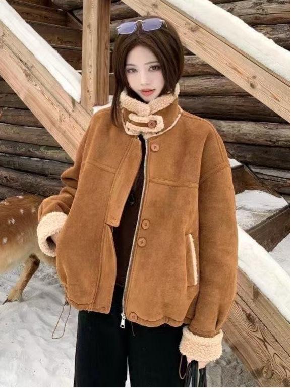Melaleuca Plus Women's Winter 2026 Lambswool Patchwork Loose Jacket with Thickened Velvet Lapel and Long Sleeves