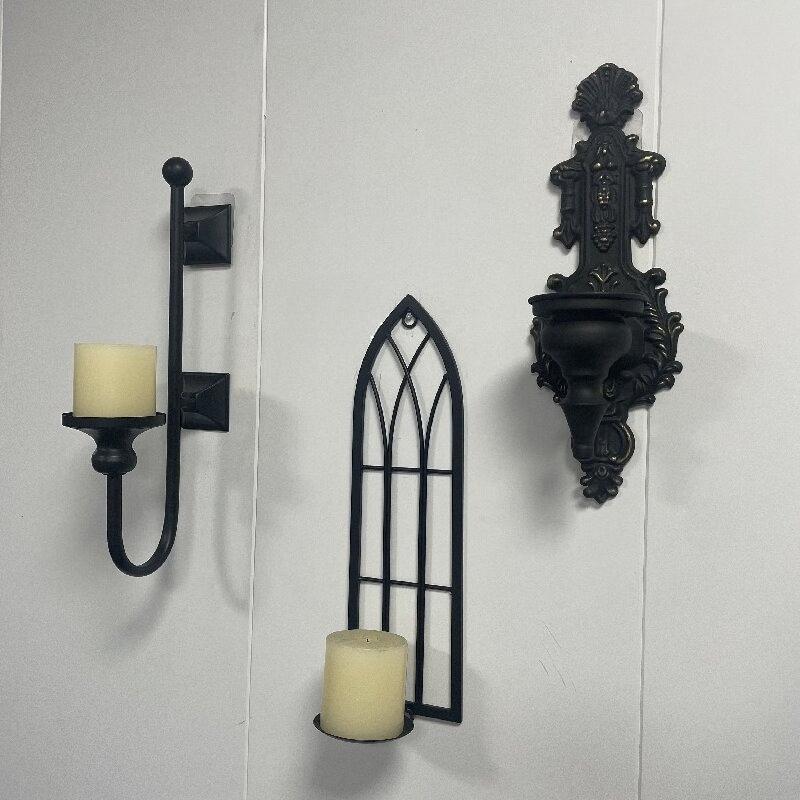Vintage Wall Candle Sconce-Black Wrought Iron Hanging Holder with Glass Cup Rustic Living Room Decor for Romantic Atmosphere