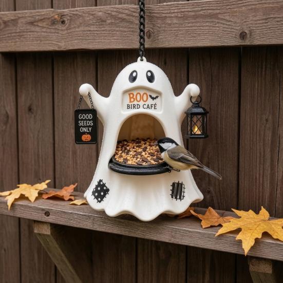Durable Resin Bird Feeder Halloween Ghost Feeder, Outdoor Hanging Big Mouth Wild Feeding Spooky Yard Decor Station, Statue for Outside Garden Backyard