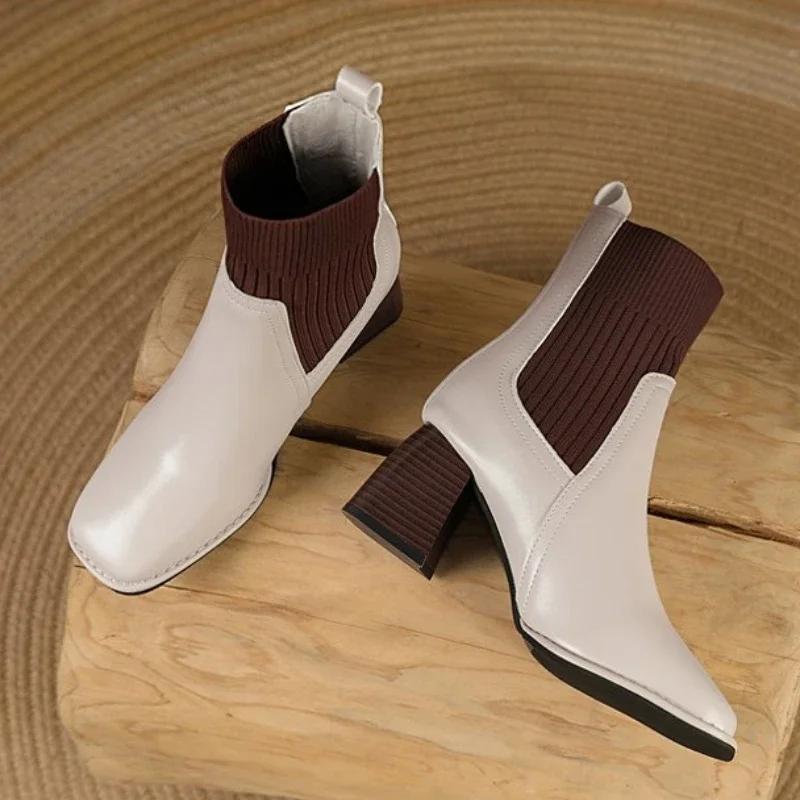 Fashion Women's Heeled Shoes Knitwear Womens Ankle Boots Comfortable Warm Women Shoes Thick Heels Office Pumps New Zapatos Mujer