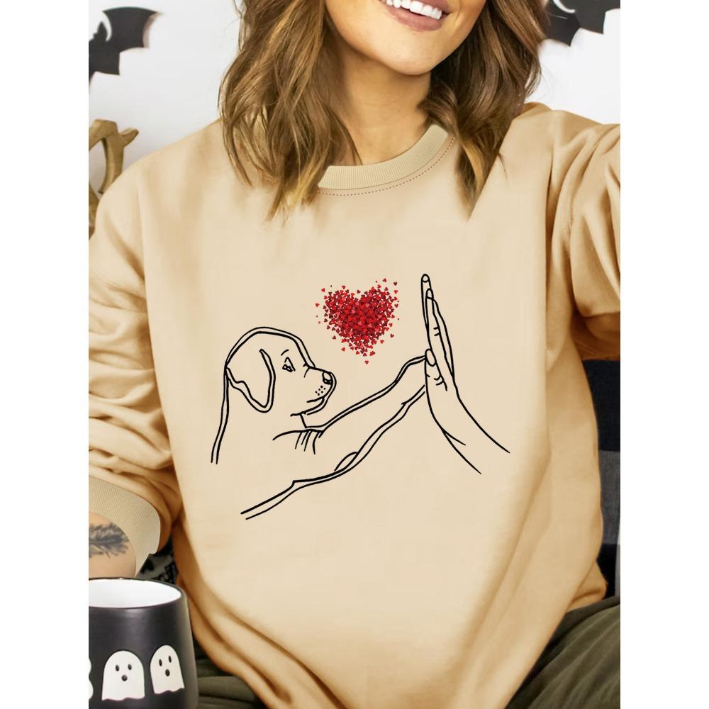 

Women s Loose Black Round Neck Sweatshirt Autumn and Winter Large Sizeh Plush Comfortble Cute Dog M бежевий