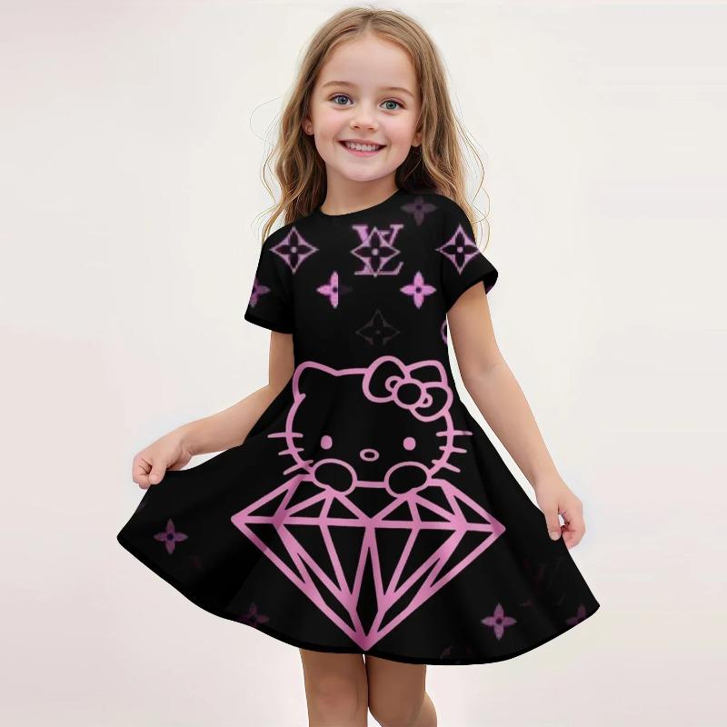 Popula Children's New Fashion Kawaii Girl Dress Cartoon Cute Hello Kitty 3D Printed Princess Dress Short Dress