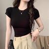 Sexy Tight Threaded T-shirt for Girls Summer Thin High Elastic Front Shoulder Crew Neck American Hottie Short Top Short Sleeve