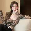 Women T-Shirts Square Neck Slim Fit Basic Layering Crop Top Pullover Leopard Print Long Sleeves Sexy T Shirt