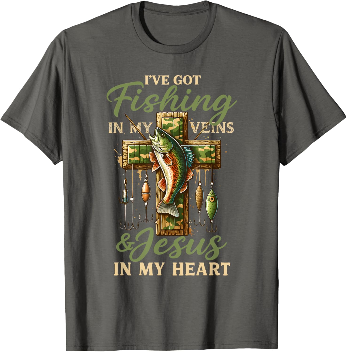 

Fishing in My Veins Jesus in My Heart Graphic Print Men s Cotton T-Shirt Casual Trip Tee 4XL