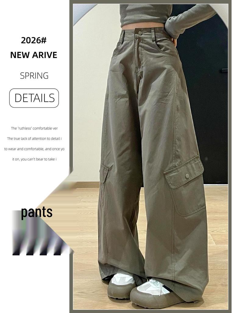 Women's Army Green High-Waisted Wide-Leg Cargo Pants - Petite, Loose-Fit, Slimming, Casual Spring 2026 Style