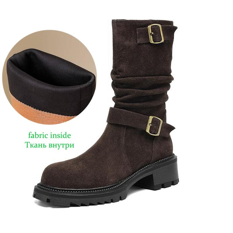 Krazing Pot Fashion Cow Suede Nubuck Winter Round Toe Modern Boots Med Heels Slip on Pleated Style Metal Buckle Mid-calf Boots