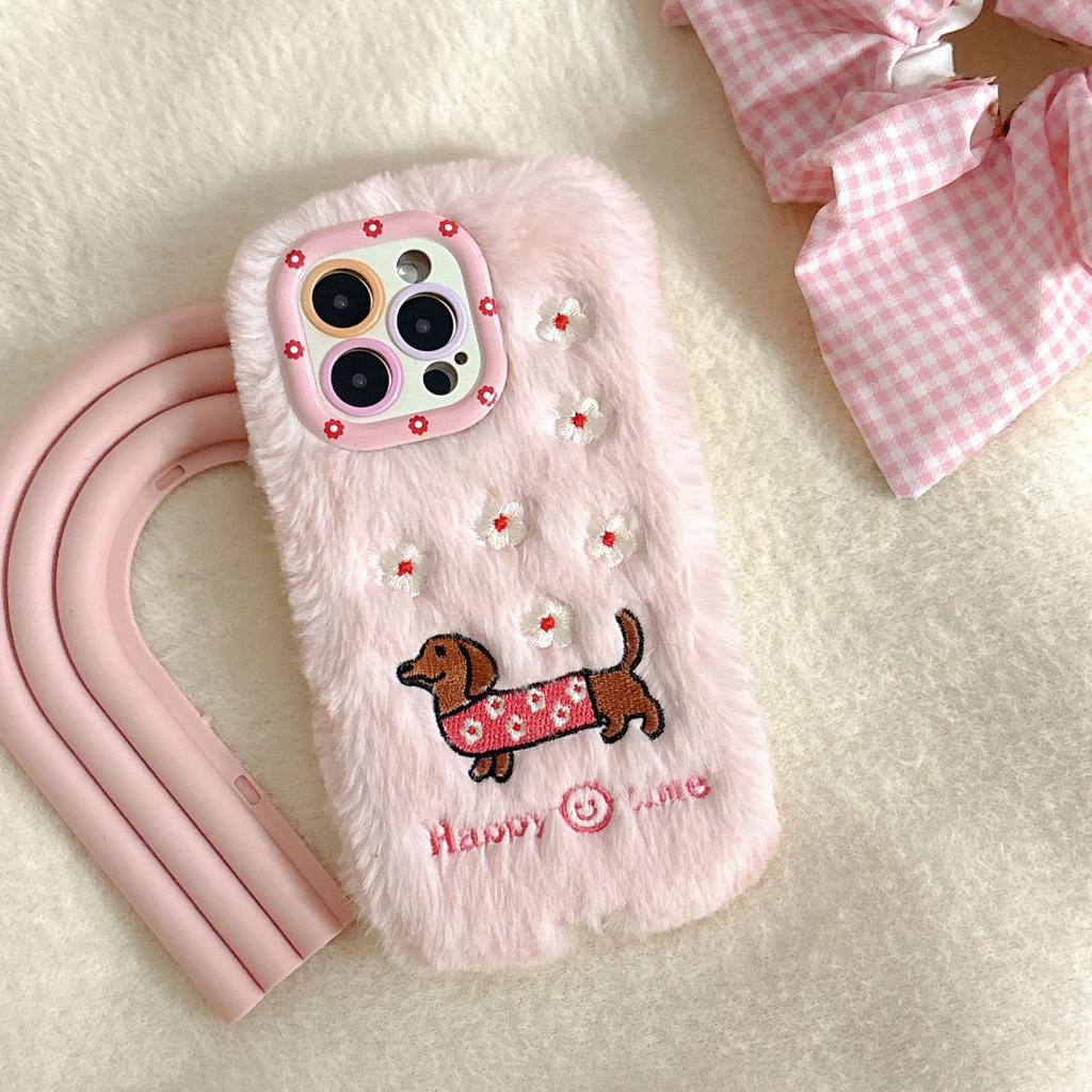 Autumn and Winter Plush Dachshund Mobile Phone Case for Apple 16PROMAX Trend 15 Fine Hole 13 Lens Holder 11