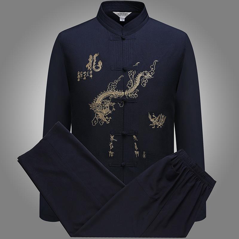 

Chinese Traditional Men s Tang Suit Sets Long Sleeve Long Pants Dragon Kung Fu Suit Embroidery Dragon Shirt 4XL темно-синього кольору
