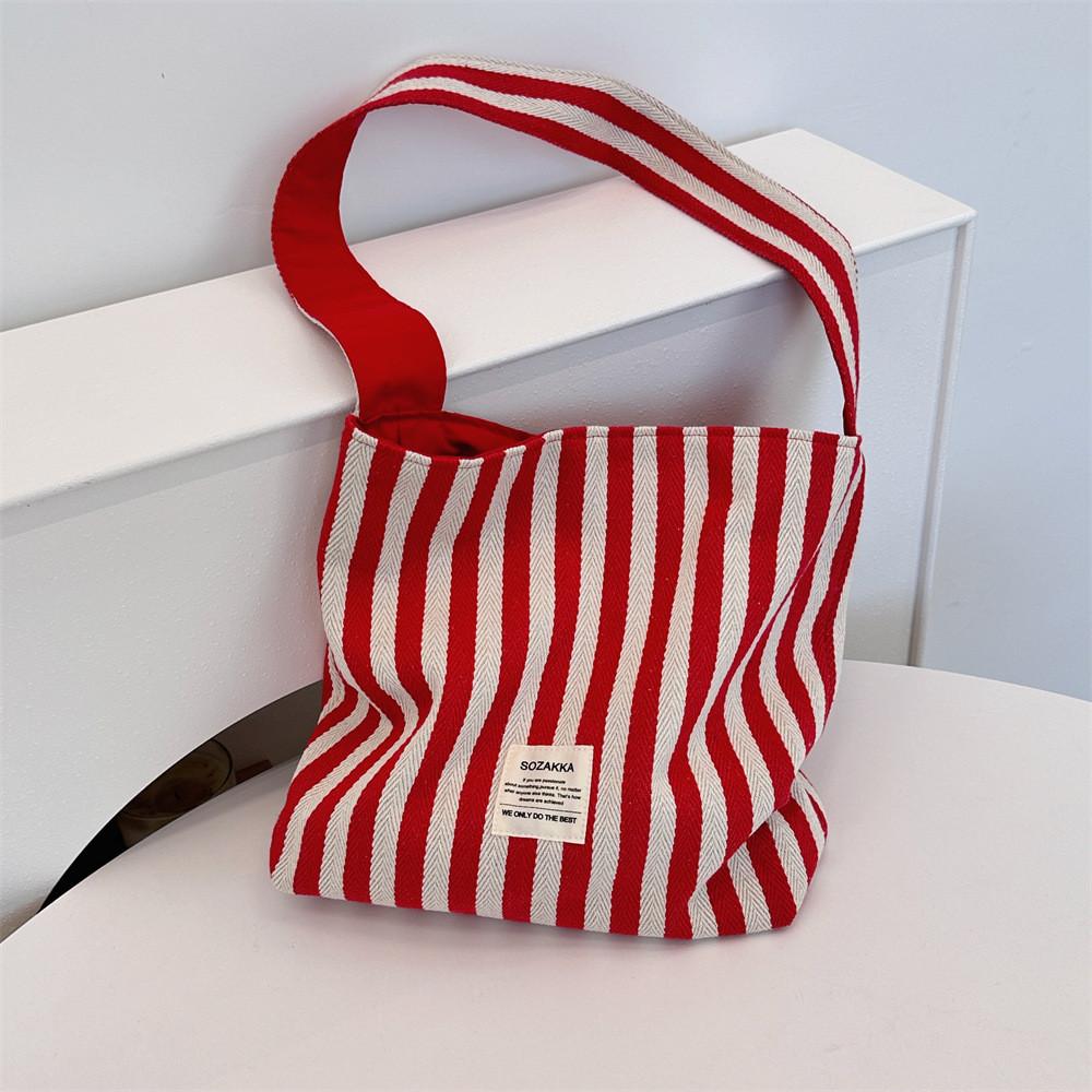 Fashionable Striped Canvas Tote Bag With Single Shoulder Strap For Casual Outings
