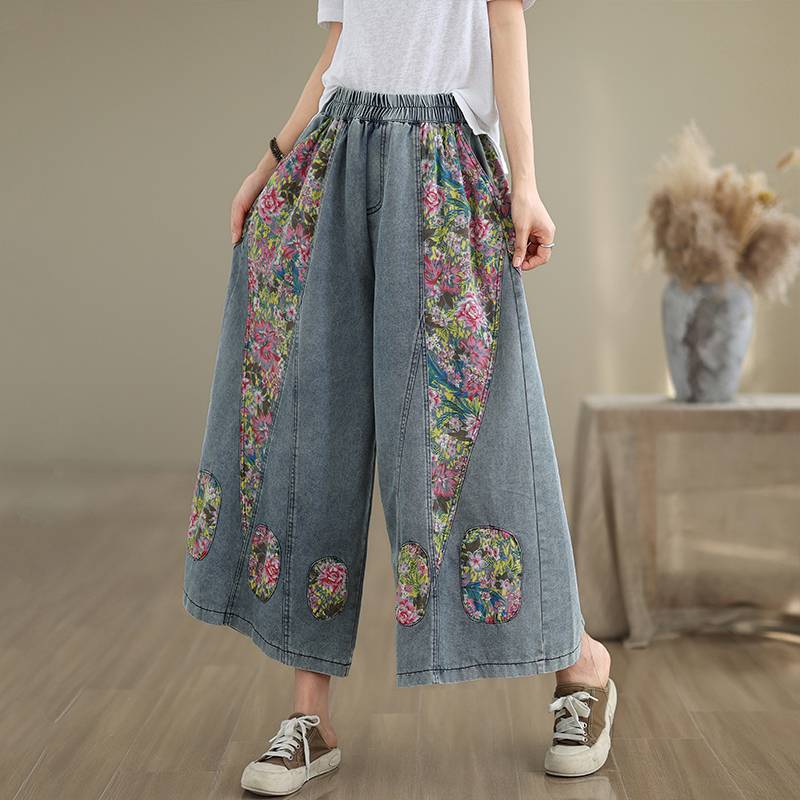 High Waist Wide Leg Denimhosen Damen Ankunft Vintage Stil Patchwork Blumendruck Locker Lässige Jeans