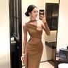 French Retro One-Shoulder Cable Knit Mesh Evening Gown for Women