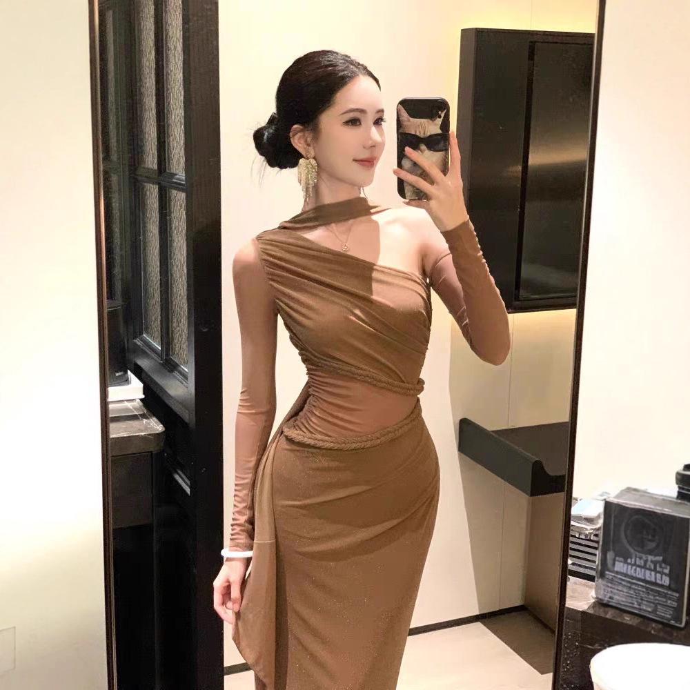 

French Retro One-Shoulder Cable Knit Mesh Evening Gown for Women Extra Large коричневый