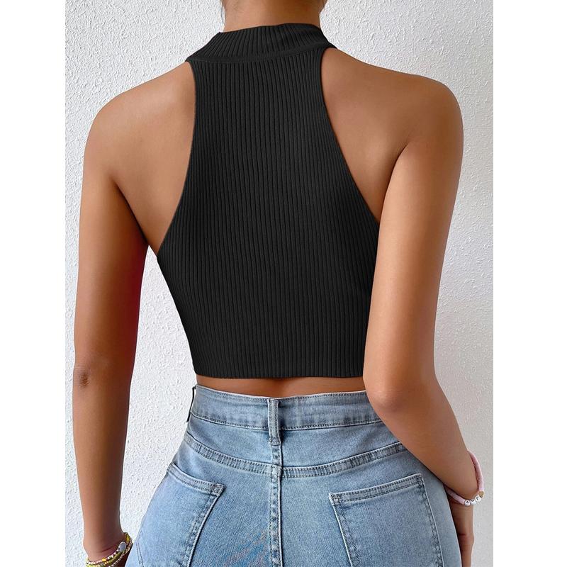 Suéter básico de verano para mujer, camisetas sin mangas, suéter informal de punto acanalado sin mangas para mujer, Top corto elástico con corsé, Top corto con cuello Halter