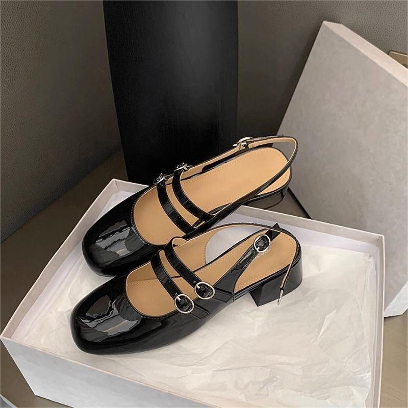 Mary Janes Square-Toe Double-Buckle Patent Leather Chunky Heel Shoes with Jean Styling 2026 new 35 чёрный