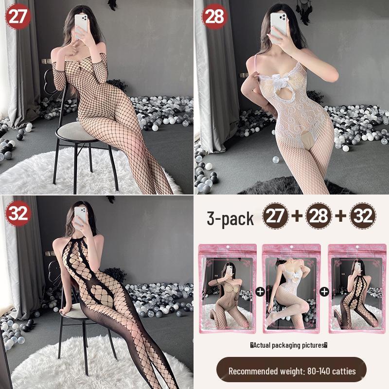 Transparenter Cut-Out Bodysuit mit Strümpfen mit offenem Schritt - Sexy Dessous-Set