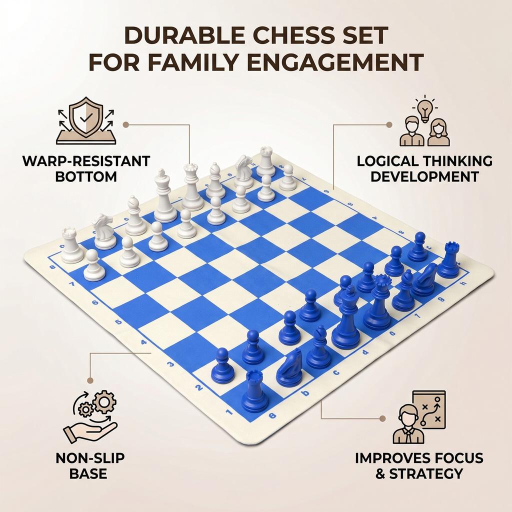 Chess Board Non Slip Base Interactive Educational Travel Checkers Board Game for Party White and Blue