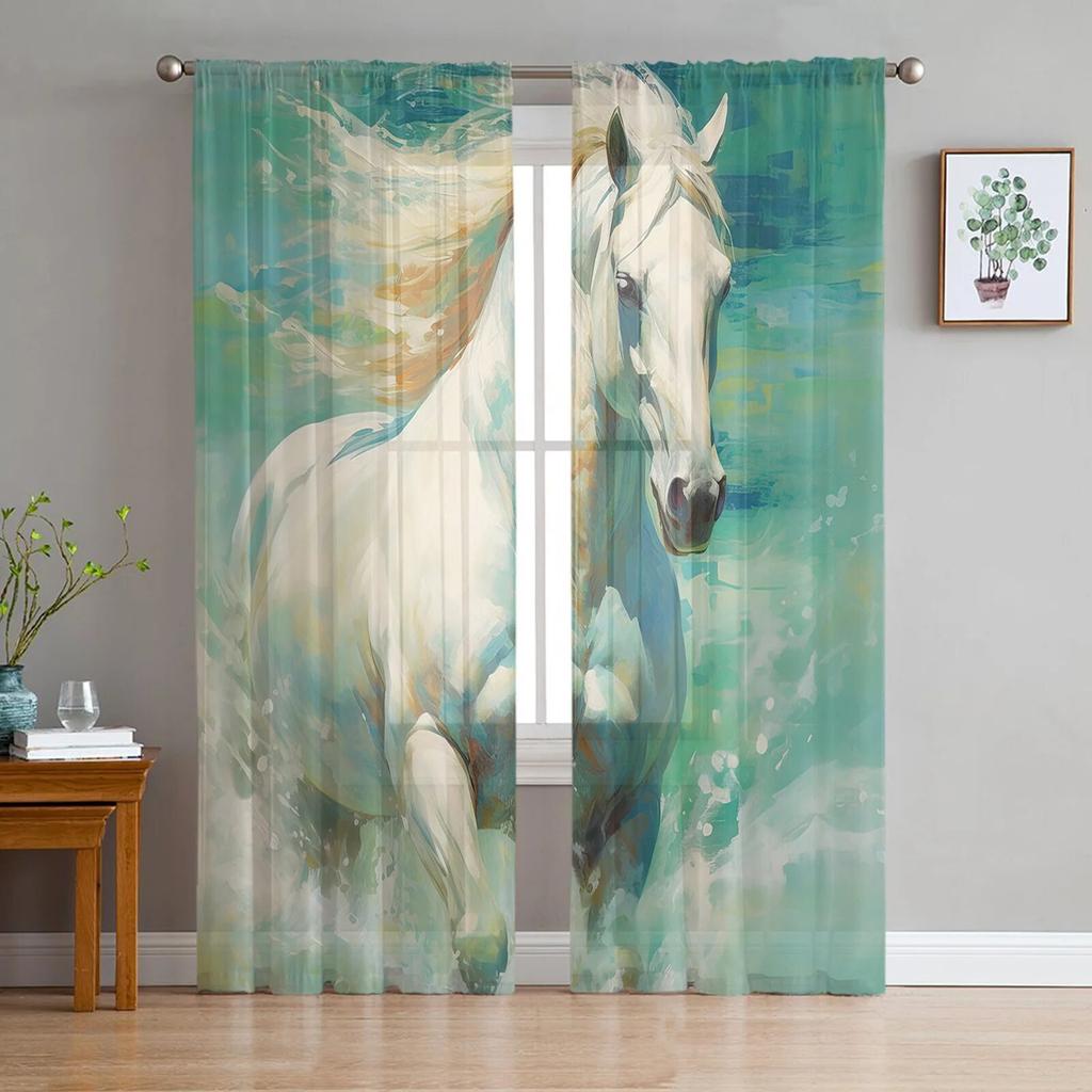 Kůň Akvarel Průsvitné závěsy do obývacího pokoje ložnice Tylová záclona do kuchyně Voálová záclona Panely žaluzií