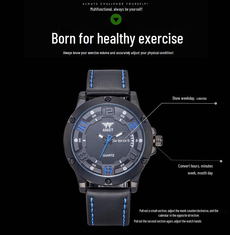 AMST Aimeishi Relógio de Quartzo Esportivo à Prova d'Água Fashion com Mostrador Grande Retrô e Calendário