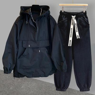 Men's Korean Style Streetwear Patchwork Windbreaker Hoodie Set