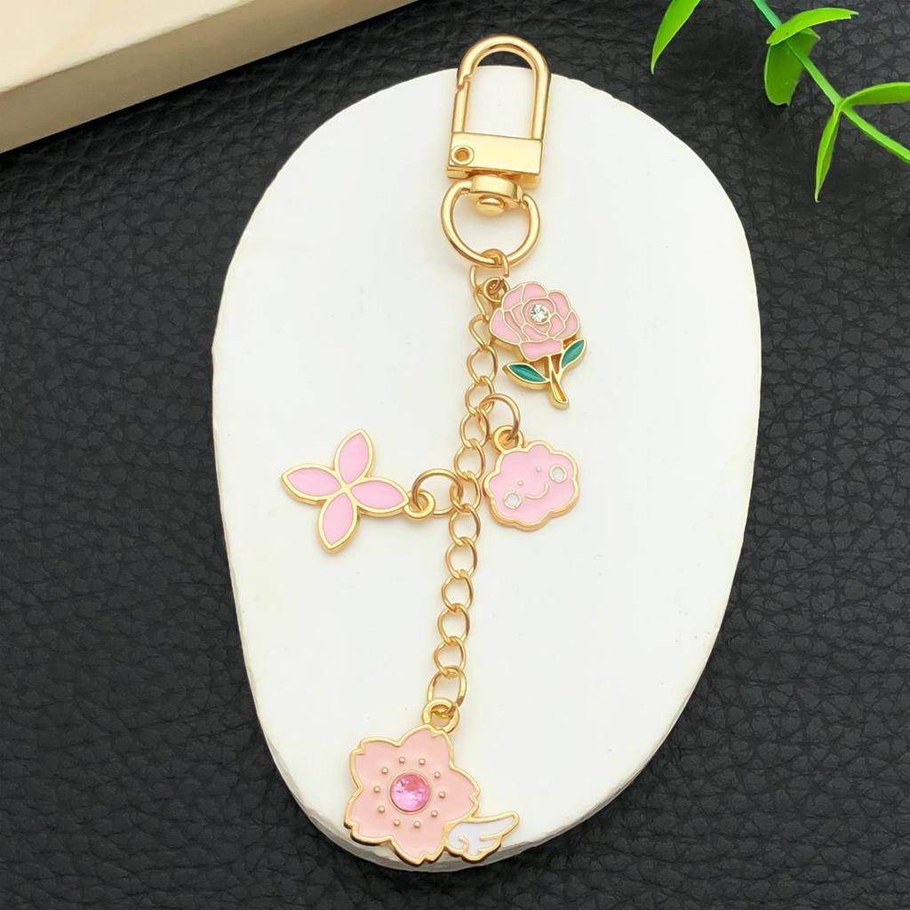 Pink Rose & Cherry Blossom Zinc Alloy Keychain Pendant