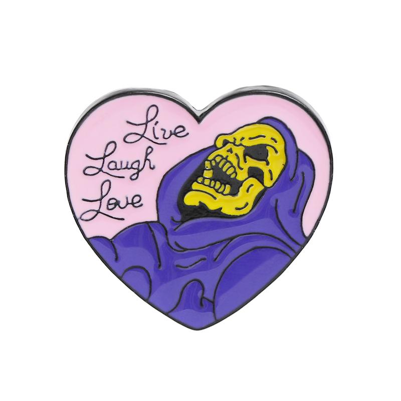 

Funny Pink Live Laugh Love Design Heart Enamel Brooches Hip Hop Demon Devil Skull Pattern Pins Backpack Bag Dress Badge