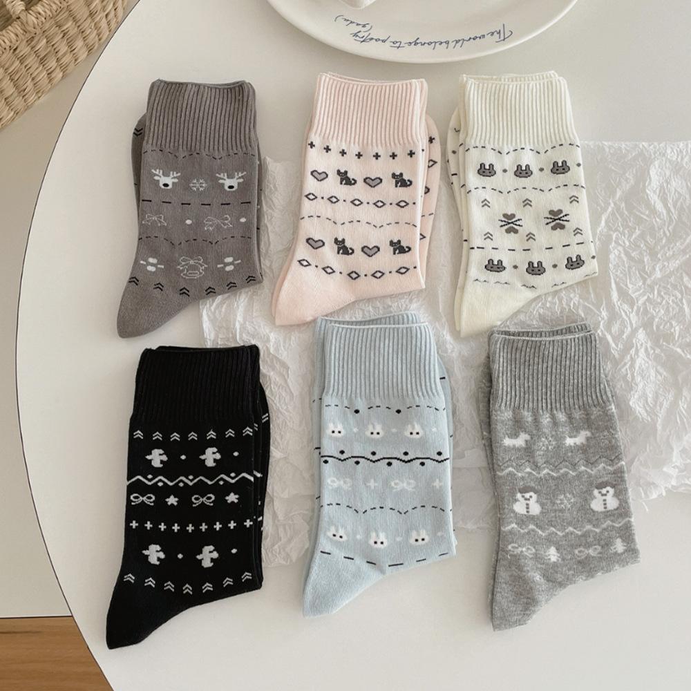 Cartoon Puppy Embroidery Cute Socks Women Autumn and Winter Middle Tube Socks Korean Striped Cotton Knitted Elastic Long Socks