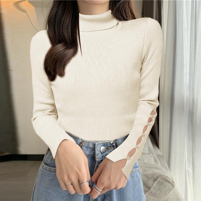 ZANZEA Autumn Winter Women Turtleneck Sweater Long Sleeve Pearl Knitted Jumpers Undershirts
