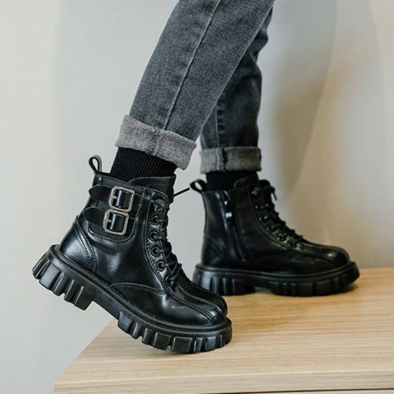 Boys' Fleece Cotton Boots Children's Non-slip British Style Cowhide Ankle Boots