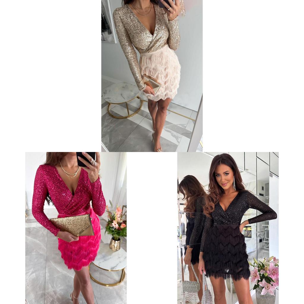 No Brand Readytowear Sparkling Sequin Dress With Long Sleeves For Casual Autumn Winter Fashion