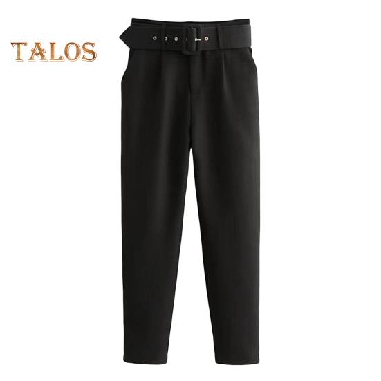 Dámské oblekové kalhoty s vysokým pasem, rovný střih nohavic, dlouhé kalhoty s kapsami, jednobarevné, ležérní pracovní kalhoty