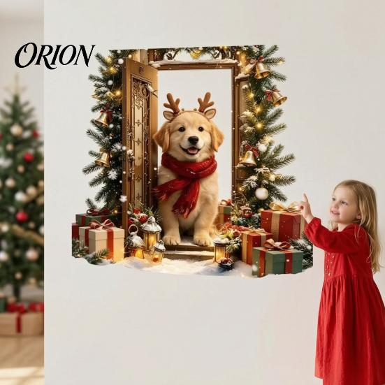 Interior Wall Art for Holiday 2Pcs 3D Illusion Christmas Dog Sticker, Removable Self?Adhesive Festive Door Decal Living Room Decal, Puppy