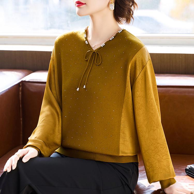 Women s 2026 Rhinestone V-Neck Ice Silk Top for Mother s Day - Spring/Summer Thin Style M