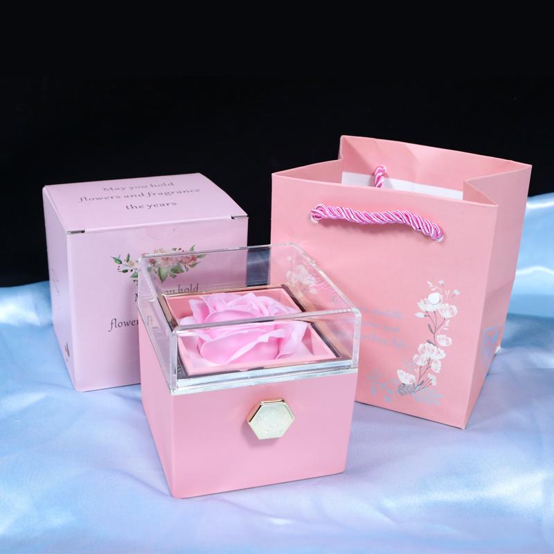 Manual Rotating Preserved Flower Jewelry Box with Necklace Ring Holder Luxury Acrylic Eternal Rose Box for Anniversary Gift