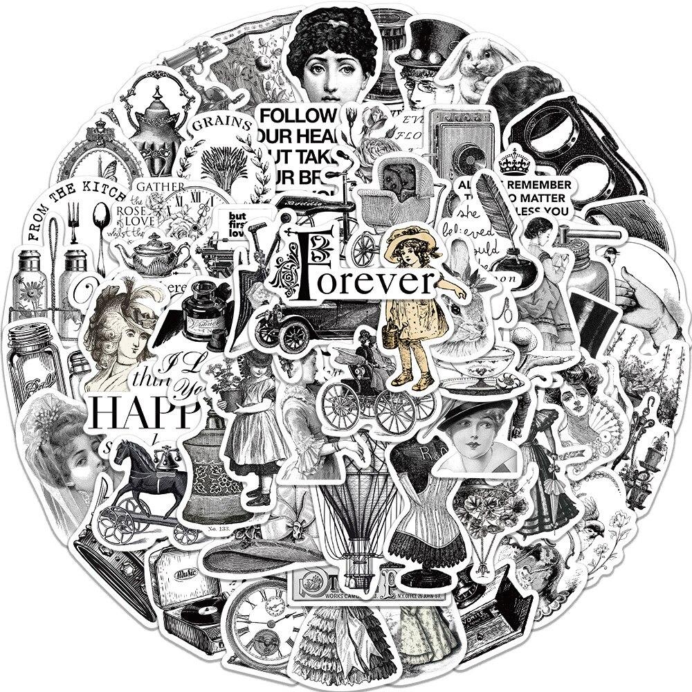 10/64pcs Retro Black White Art Stickers Vintage Cartoon Graffiti Stickers for DIY Luggage Laptop Skateboard Motorcycle Bicycle Sticker