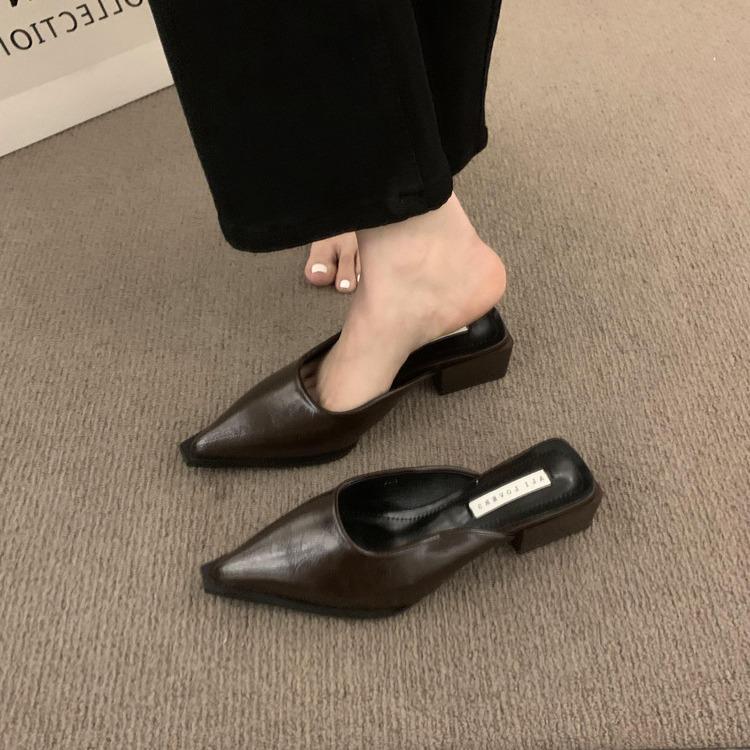 Nai Pai~ Retro bag head half slippers for women wearing lazy people with one pedal, pointed muller shoes, thick heel half support single shoes for w