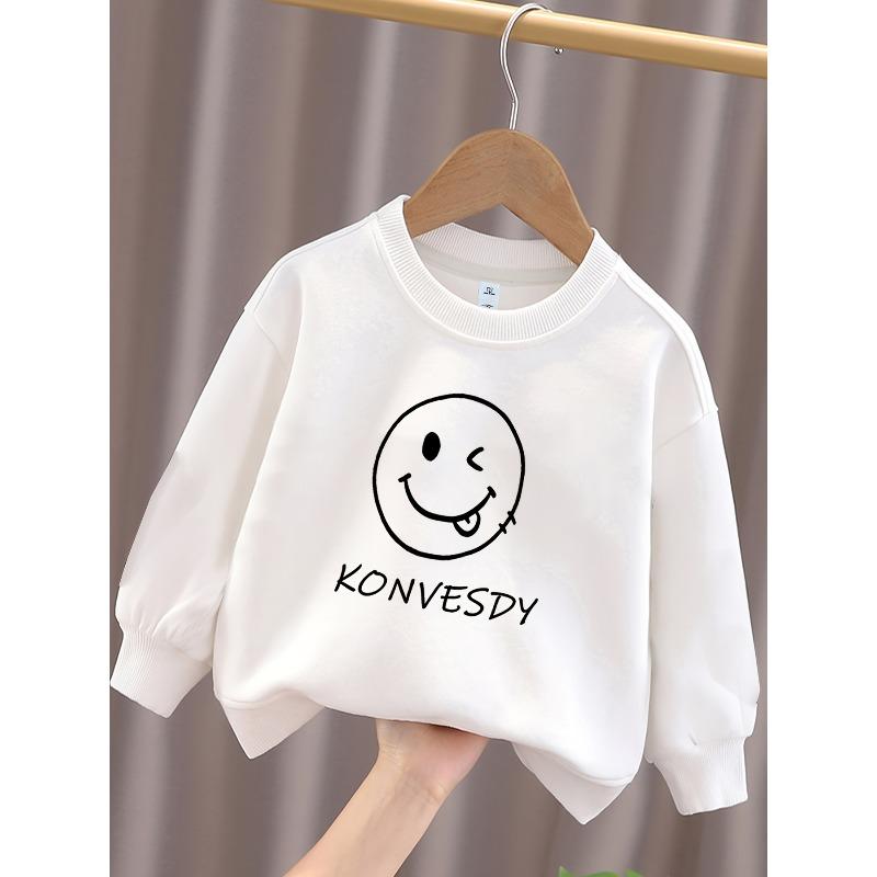 European sizes Round Neck Hoodie for Kids, Comfortable And Versatile with Smiling Face Print And Trendy Long Sleeved Top 110 белый