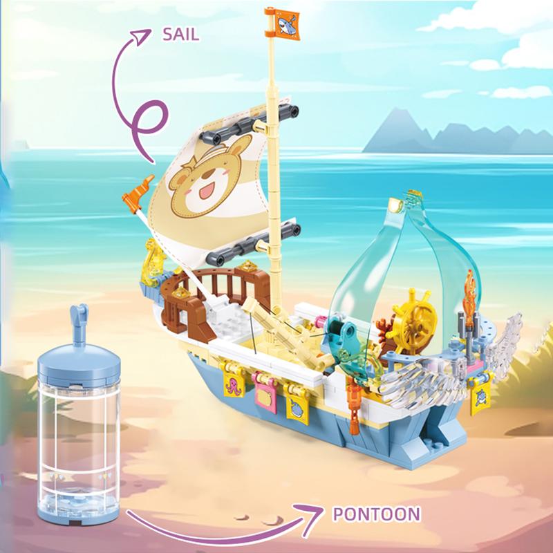 Non-Toxic 287Pcs Treasure Hunt Sailboat At Sea Building Blocks Cute Expedition Ship Assembly Bricks Desktop Ornament Kids Toy Holiday Gift