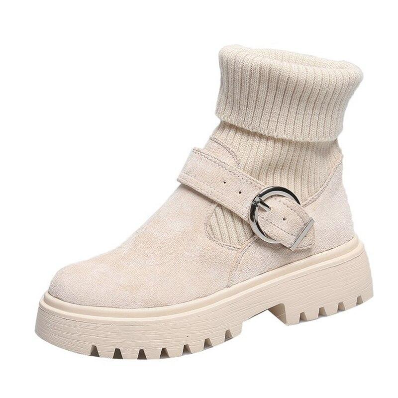 Women Ankle Boots Flock Patchwork Short Plush Slip-On Platform Belt Buckle Female Boot Comfortable Leisure Lady Winter Footwear