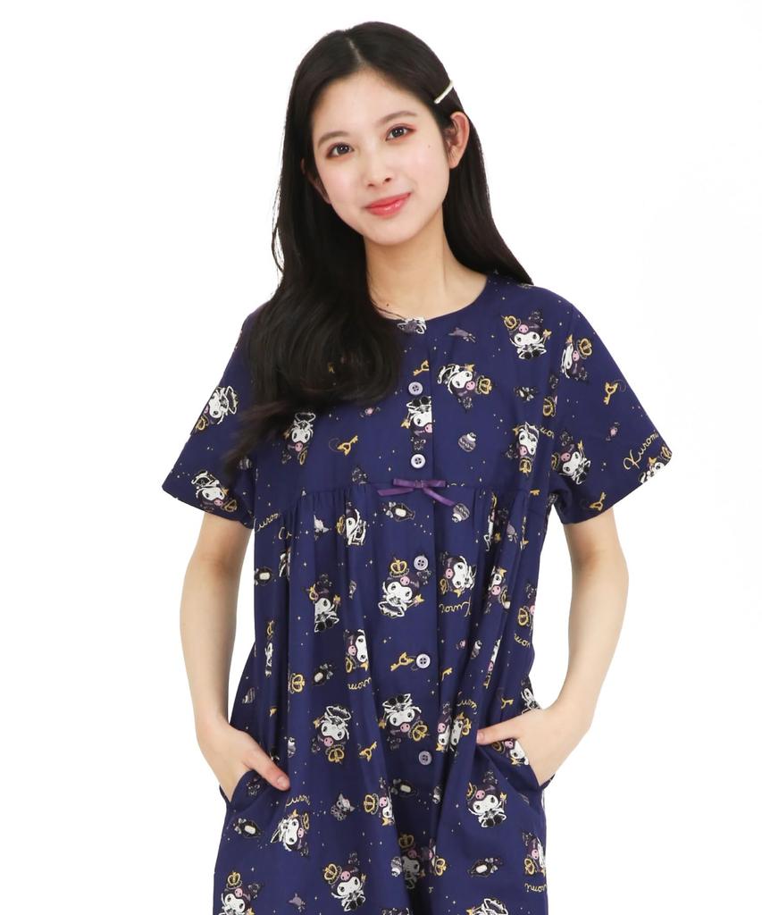 SAZAC Kuromi Cotton Dress, 100% Broadcloth, Button-Front, Women's Nightgown/Loungewear (Navy/M-L/SAN1903)